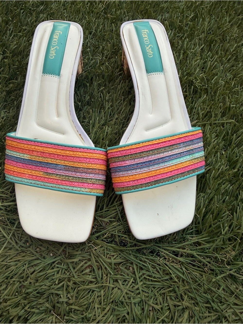 Franco Sarto White Slides with Multicolor Striped Band